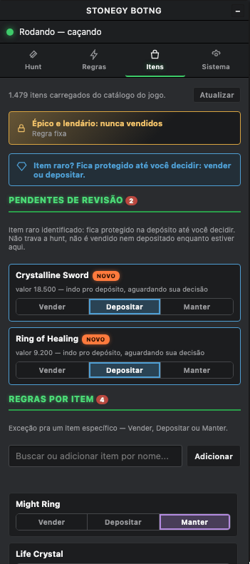 Tela de gerenciamento de itens do Stonegy BotNG