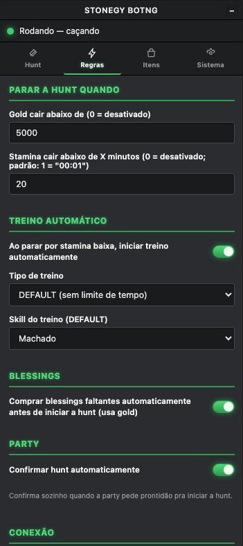 Tela de regras e limites automáticos do Stonegy BotNG